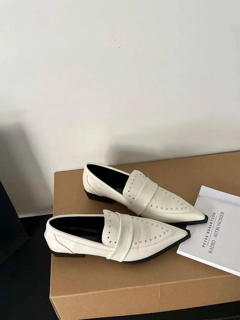 binfenxie  -  Pointed Toe Women Flats Loafers 2023 New Arrivals Black Brown White Casual Mules Low Flat Heeled Rivet Design Fashion Dress Shoe